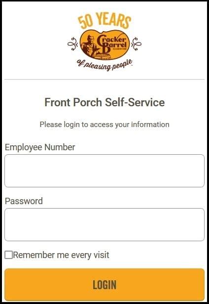 Please login to access your information. . Cracker barrel front porch self service